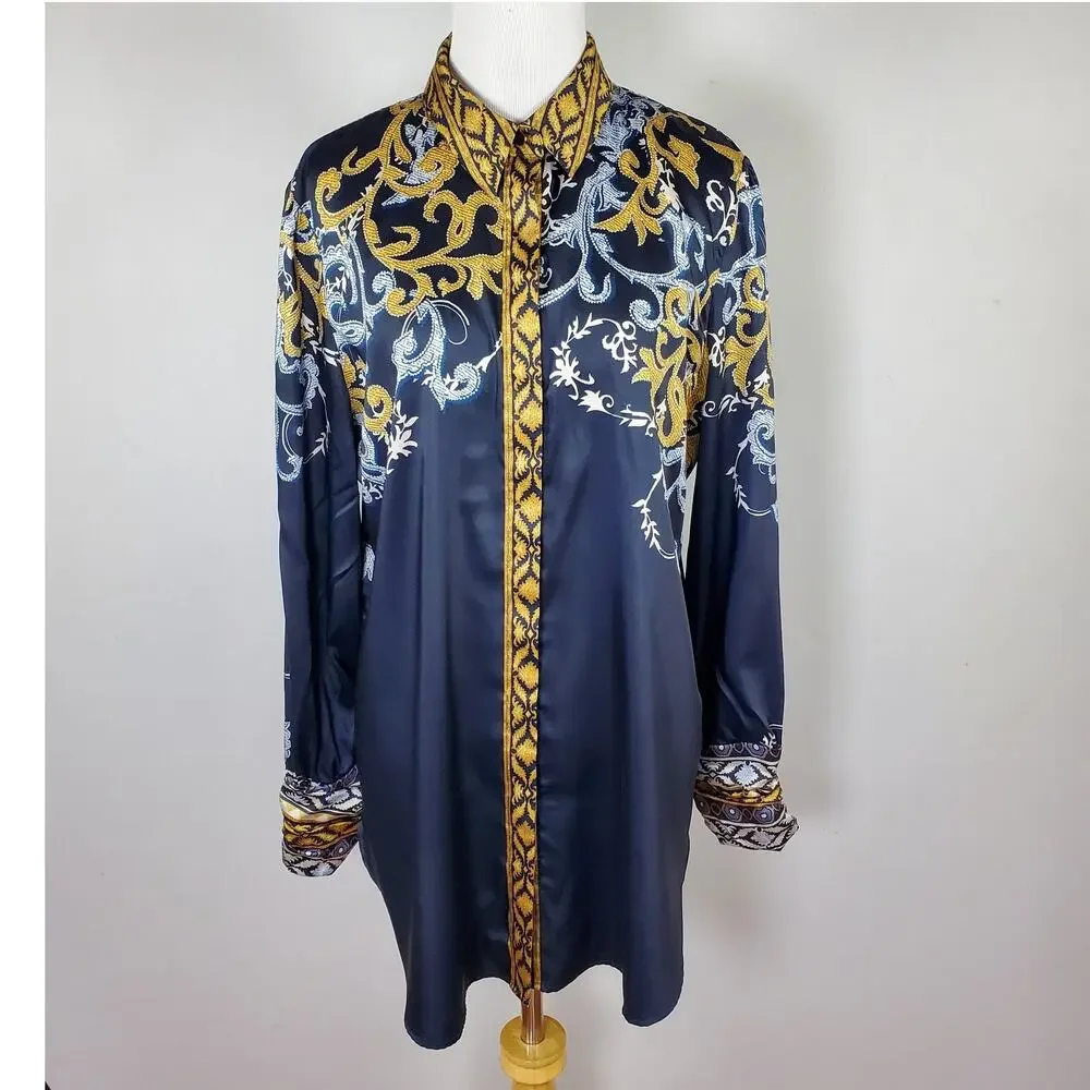 Chico’s Sz 1 Ruched Cuff Placed Print Tunic Top Button Down Chicos Sz M / 8 - Picture 1 of 16